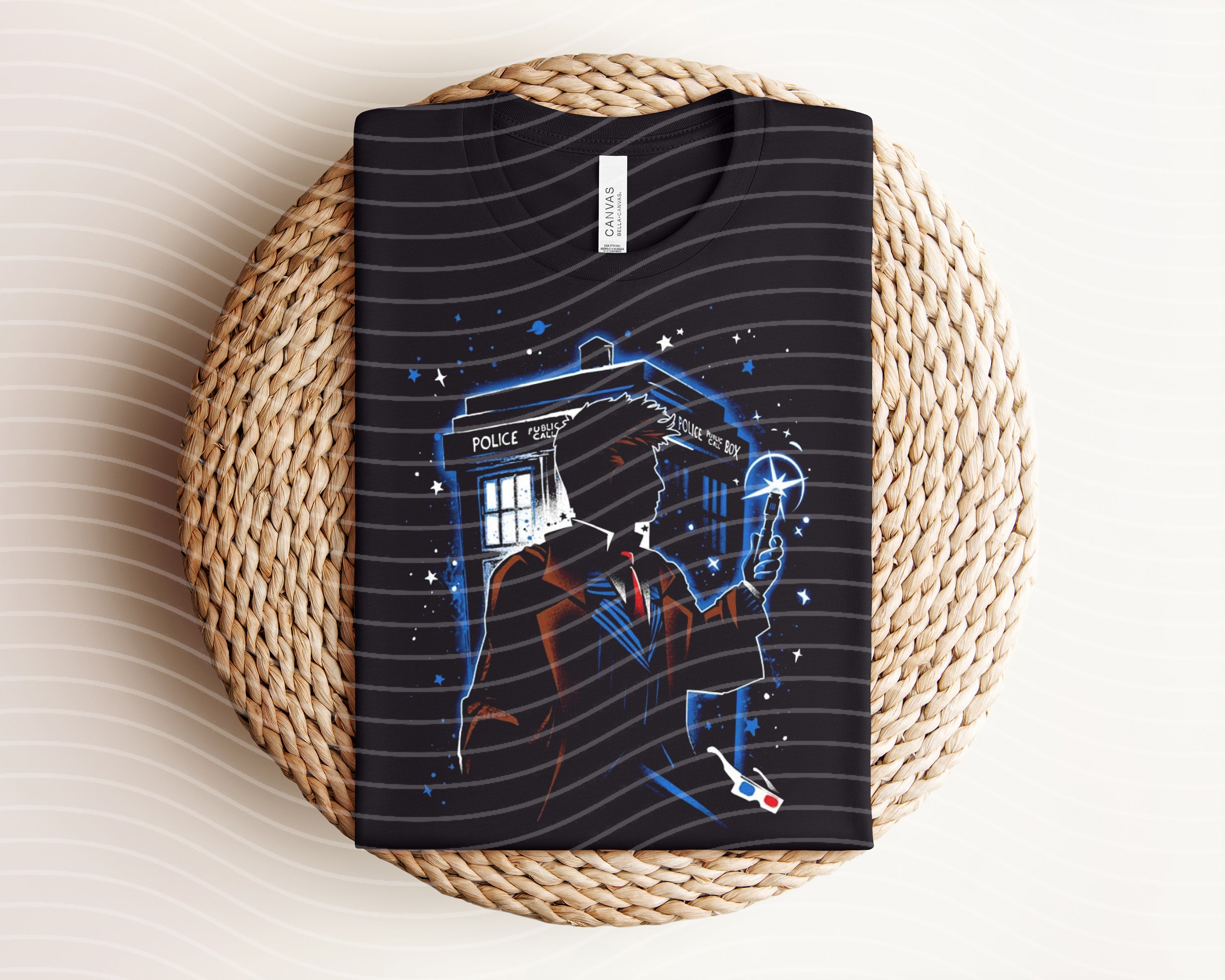 Dark graphic tee featuring Doctor Who design from Anchored Grace Boutique, with a vintage-inspired extraterrestrial illustration.