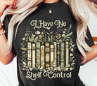 Black graphic tee from Anchored Grace Boutique featuring the humorous "I Have No Shelf Control" design on the front.