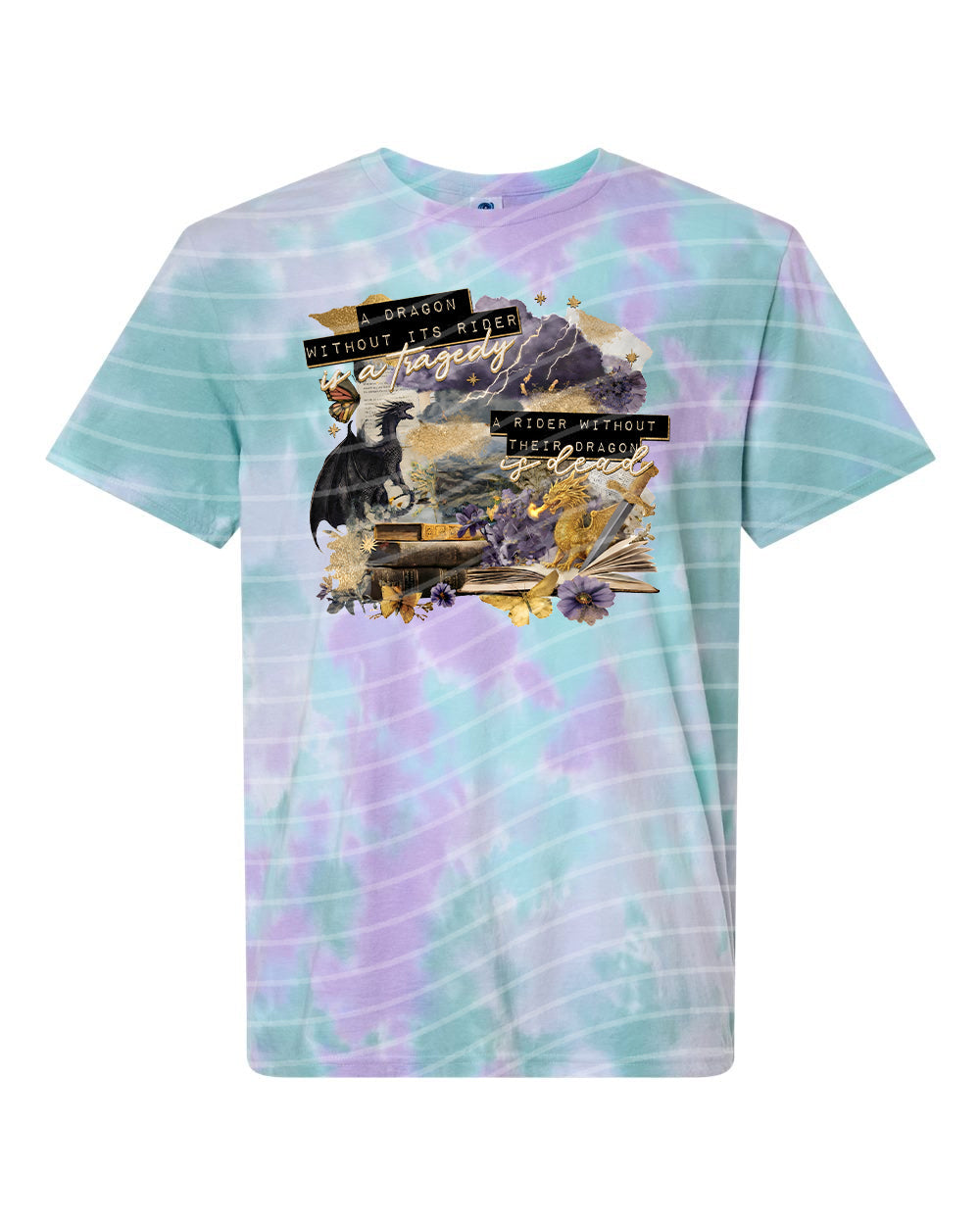Gray graphic tee featuring a dragon without its rider, with the quote "A Dragon Without Its Rider is a Tragedy" from Anchored Grace Boutique.