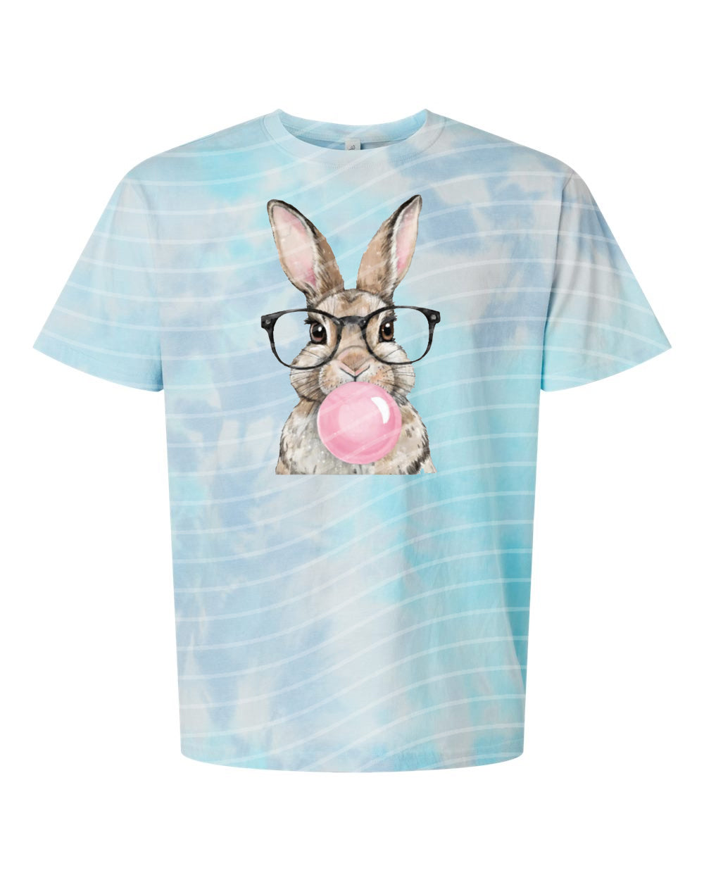 Pink bubblegum bunny graphic tee from Anchored Grace Boutique, featuring a playful bunny illustration on a casual t-shirt.