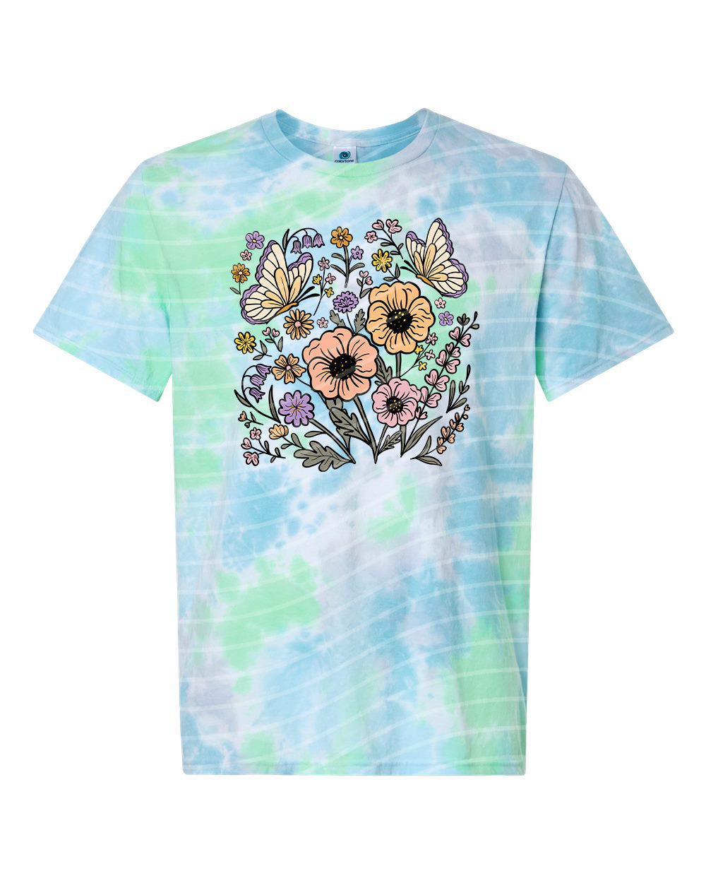 Spring floral graphic tee from Anchored Grace Boutique featuring a colorful floral design on soft fabric.
