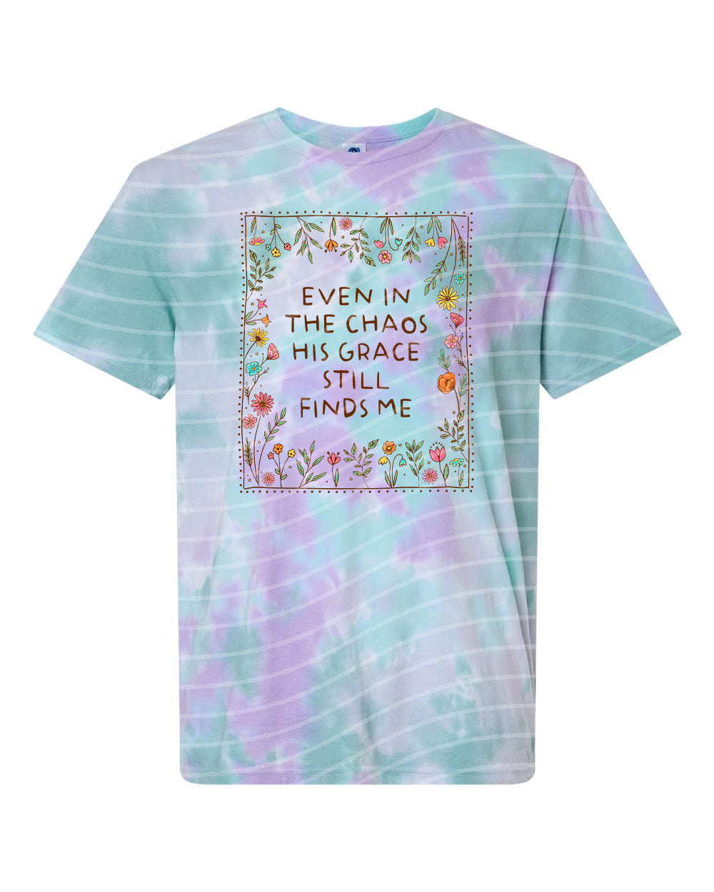Black graphic tee from Anchored Grace Boutique featuring inspirational text "Even in the Chaos His Grace Still Finds Me" printed on the front.