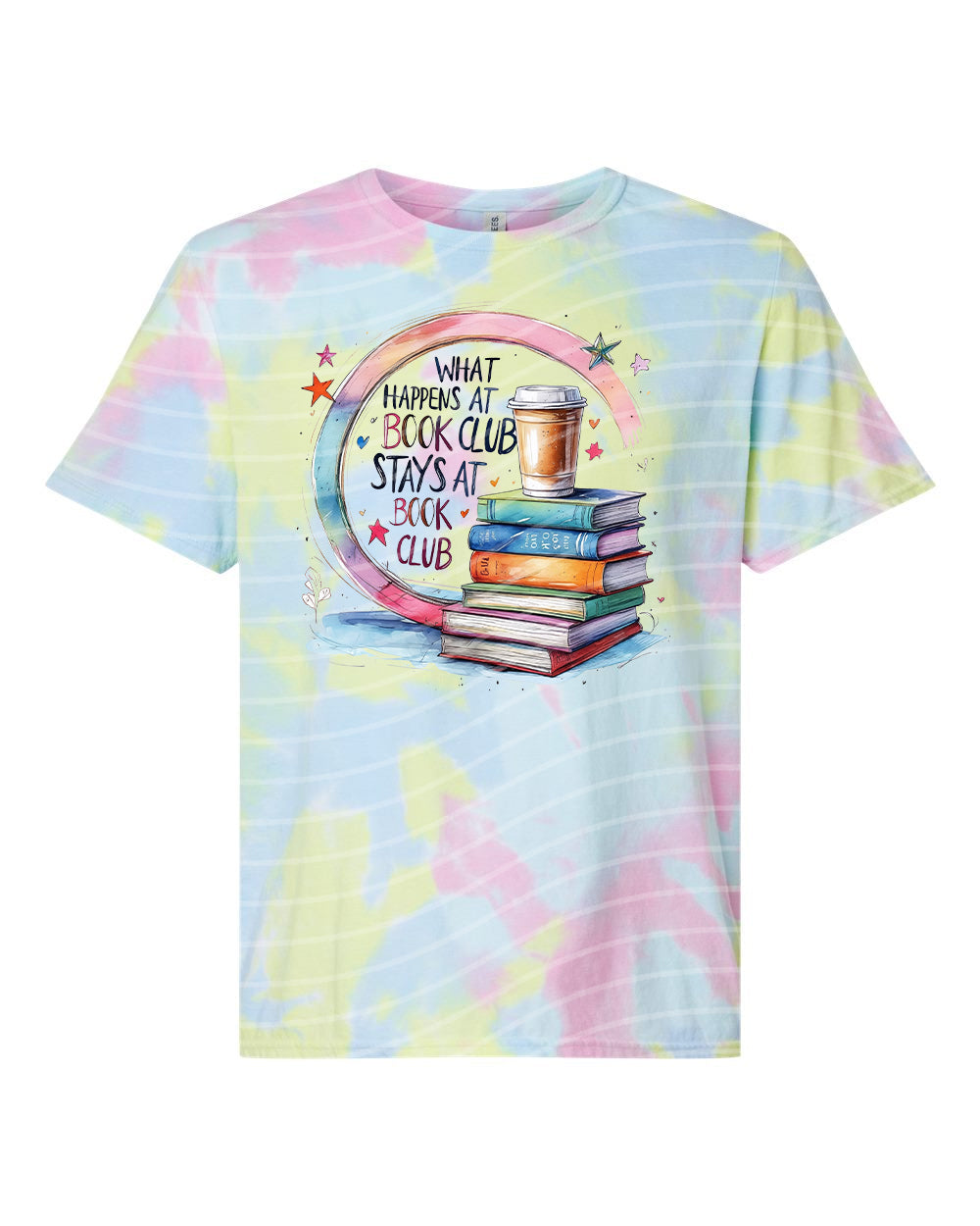 Black graphic tee from Anchored Grace Boutique featuring the phrase "What Happens at Book Club Stays at Book Club" in bold lettering.