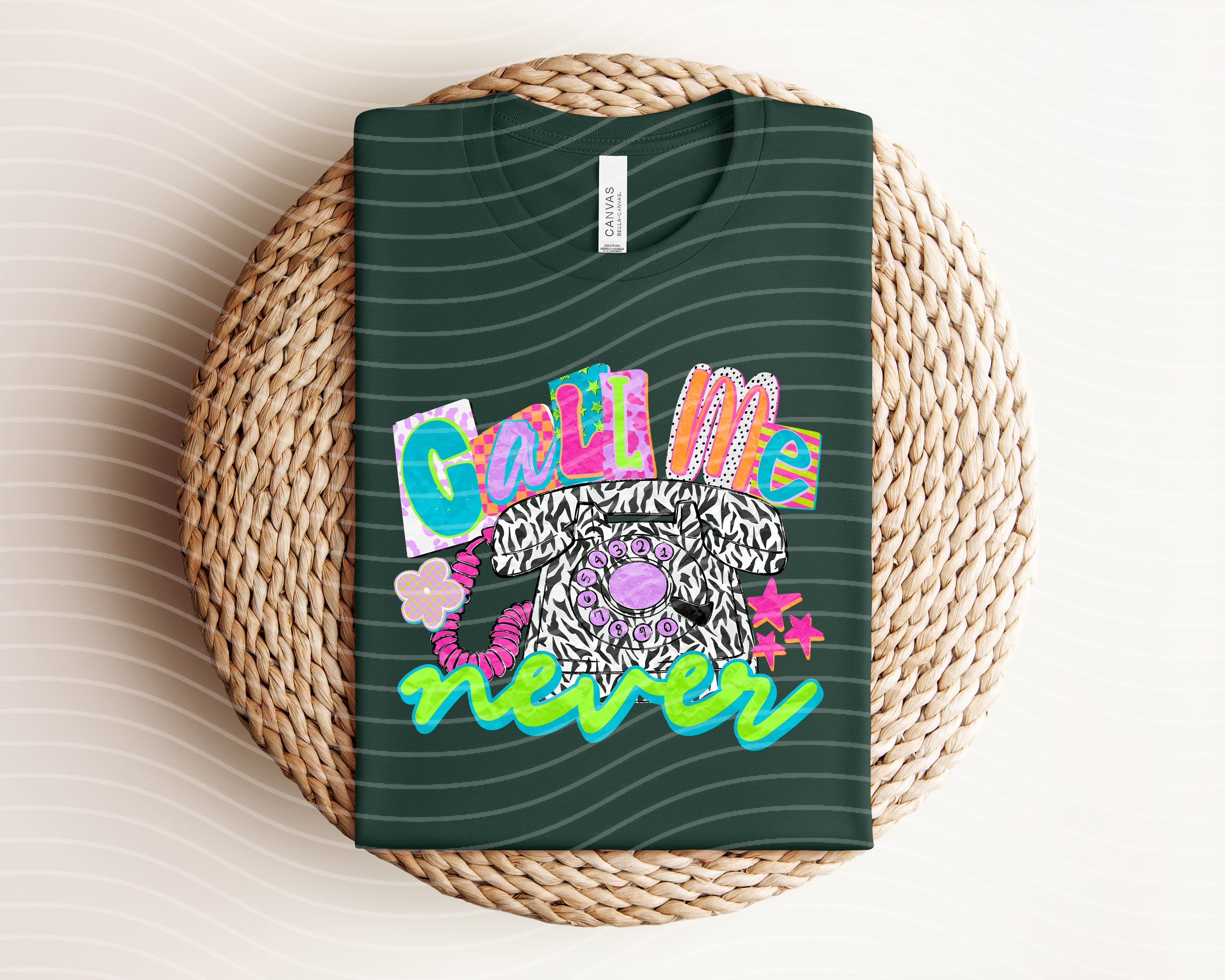 Black Call Me Never graphic tee from Anchored Grace Boutique featuring bold white text and casual fit.