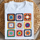 Colorful Granny Squares graphic tee by Anchored Grace Boutique featuring vibrant crochet-inspired patterns on a casual cotton t-shirt.