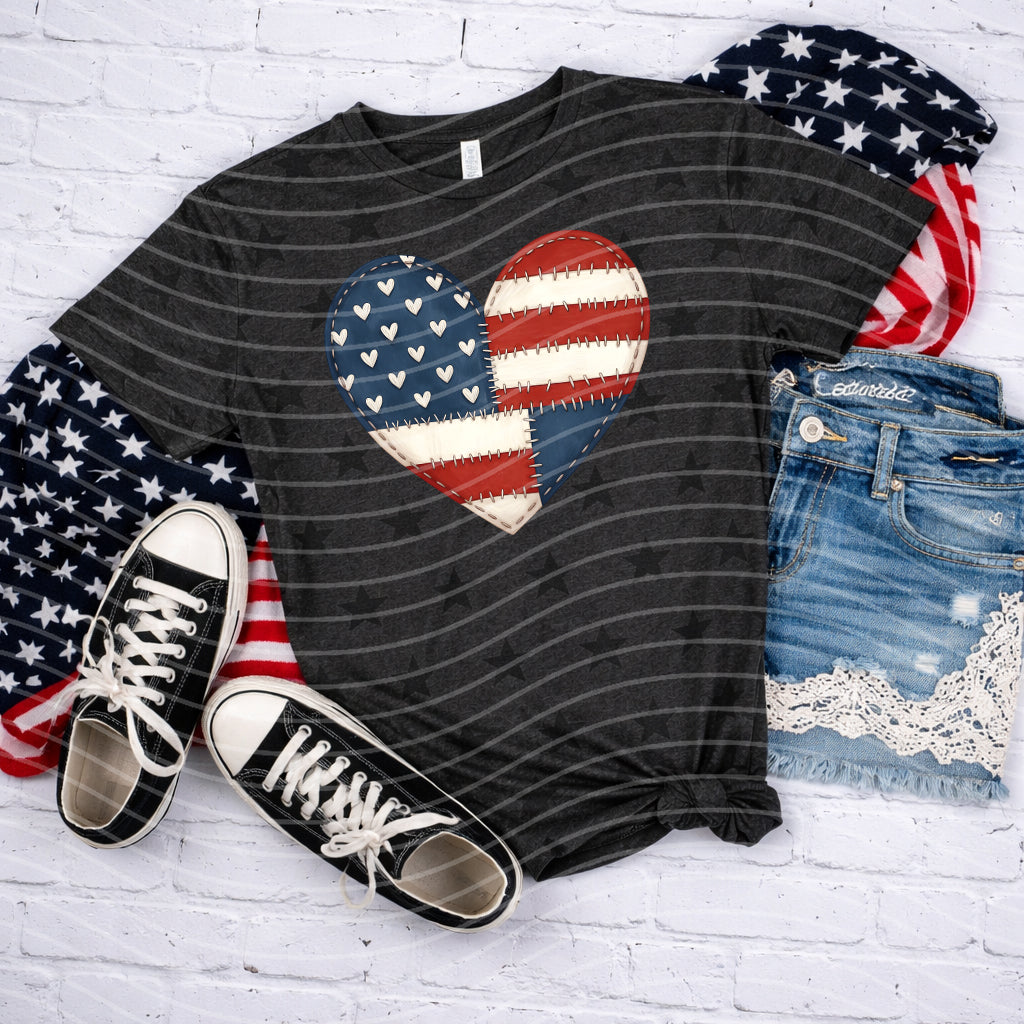 Quilted heart graphic tee by Anchored Grace Boutique featuring a stylish, comfortable cotton tee with heart embroidery design.