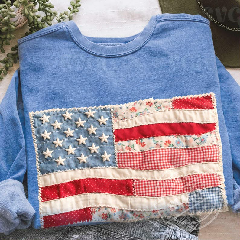 Colorful patchwork flag graphic tee from Anchored Grace Boutique, casual cotton t-shirt with vibrant flag design.
