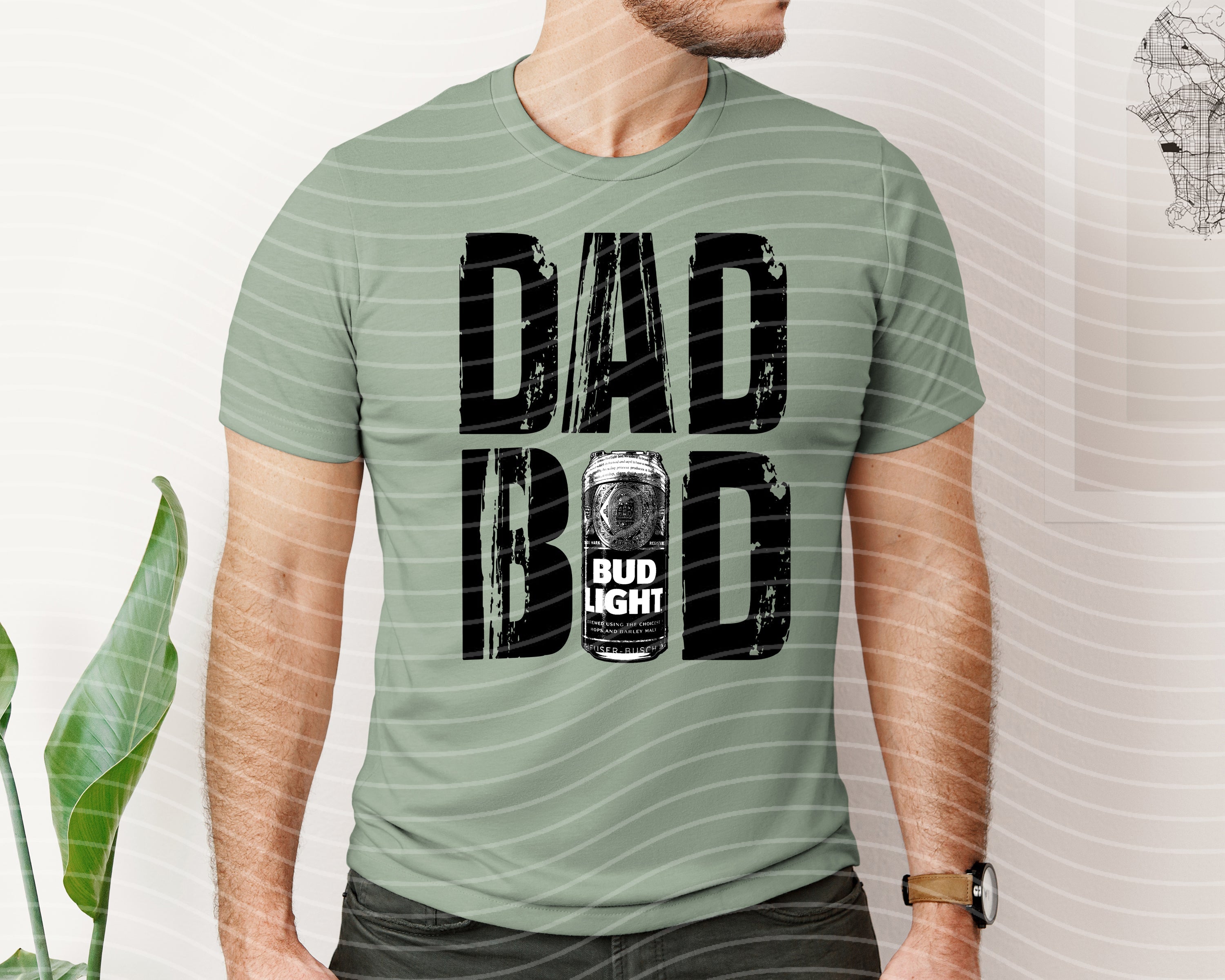 Anchored Grace Boutique Dad Bod Bud Light graphic tee, casual men's t-shirt with humorous beer-themed design, front view.