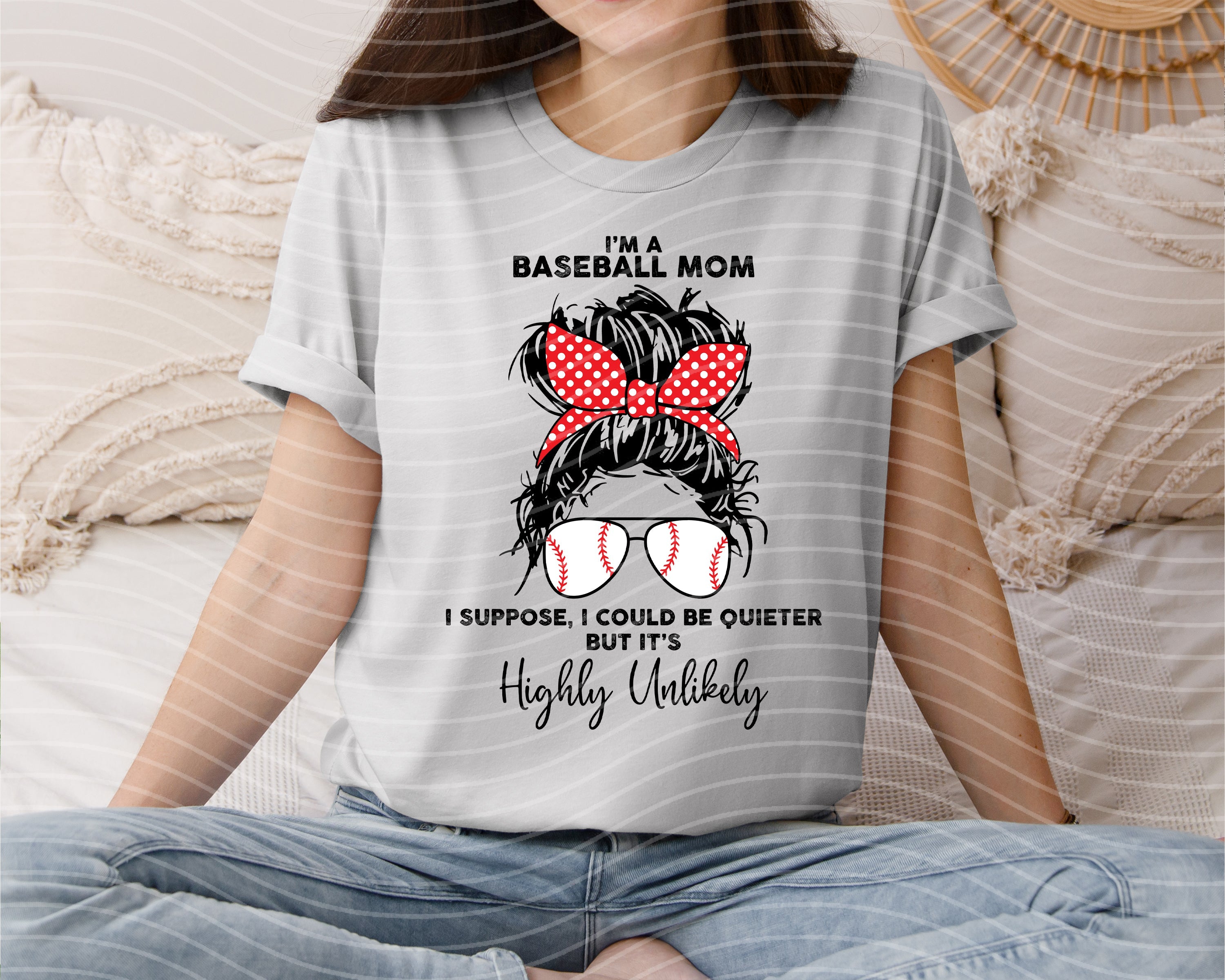 White graphic tee from Anchored Grace Boutique with "I'm a Baseball Mom I Could Be Quieter But It's Highly Unlikely" text, casual style.