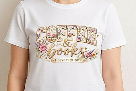 Gray graphic tee by Anchored Grace Boutique featuring coffee cups and books print, casual wear for coffee lovers and book enthusiasts.