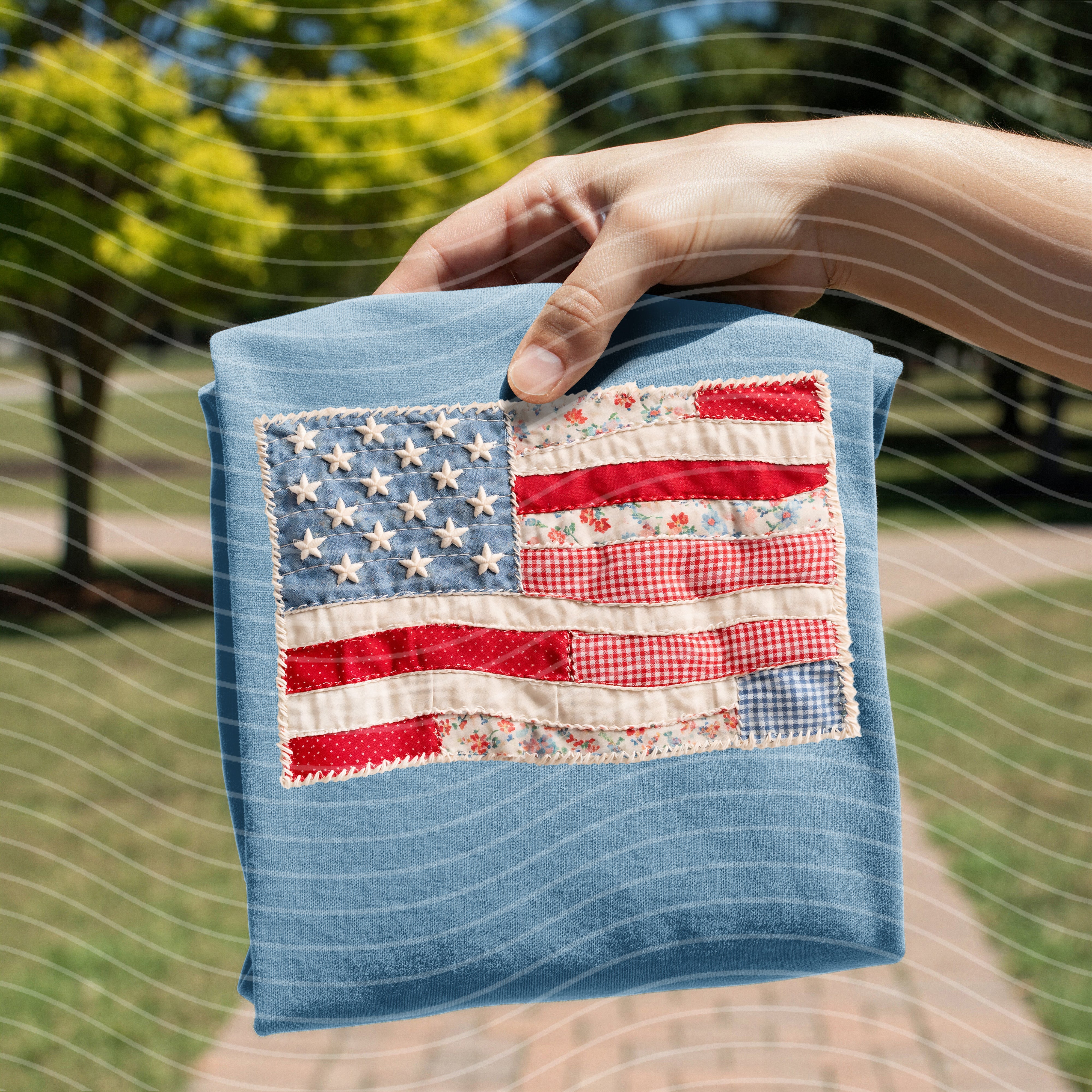 Patchwork flag graphic tee by Anchored Grace Boutique featuring vibrant patchwork and bold flag design on a casual cotton t-shirt.