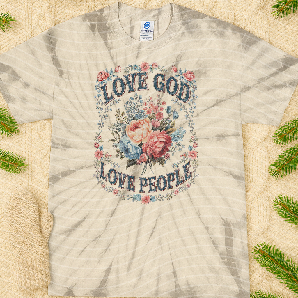 Black graphic tee from Anchored Grace Boutique featuring the message "Love God Love People" in white text.