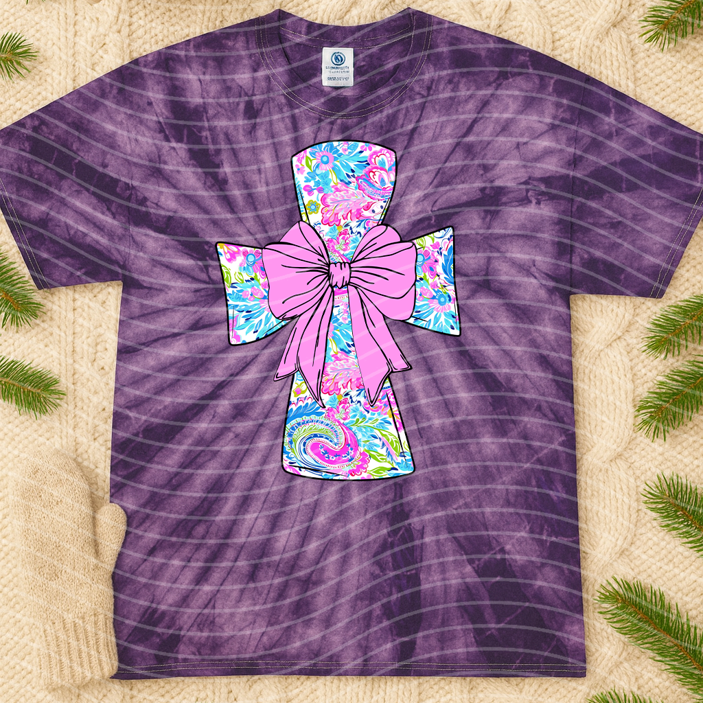 Floral cross graphic tee by Anchored Grace Boutique featuring a colorful floral design on soft cotton fabric.
