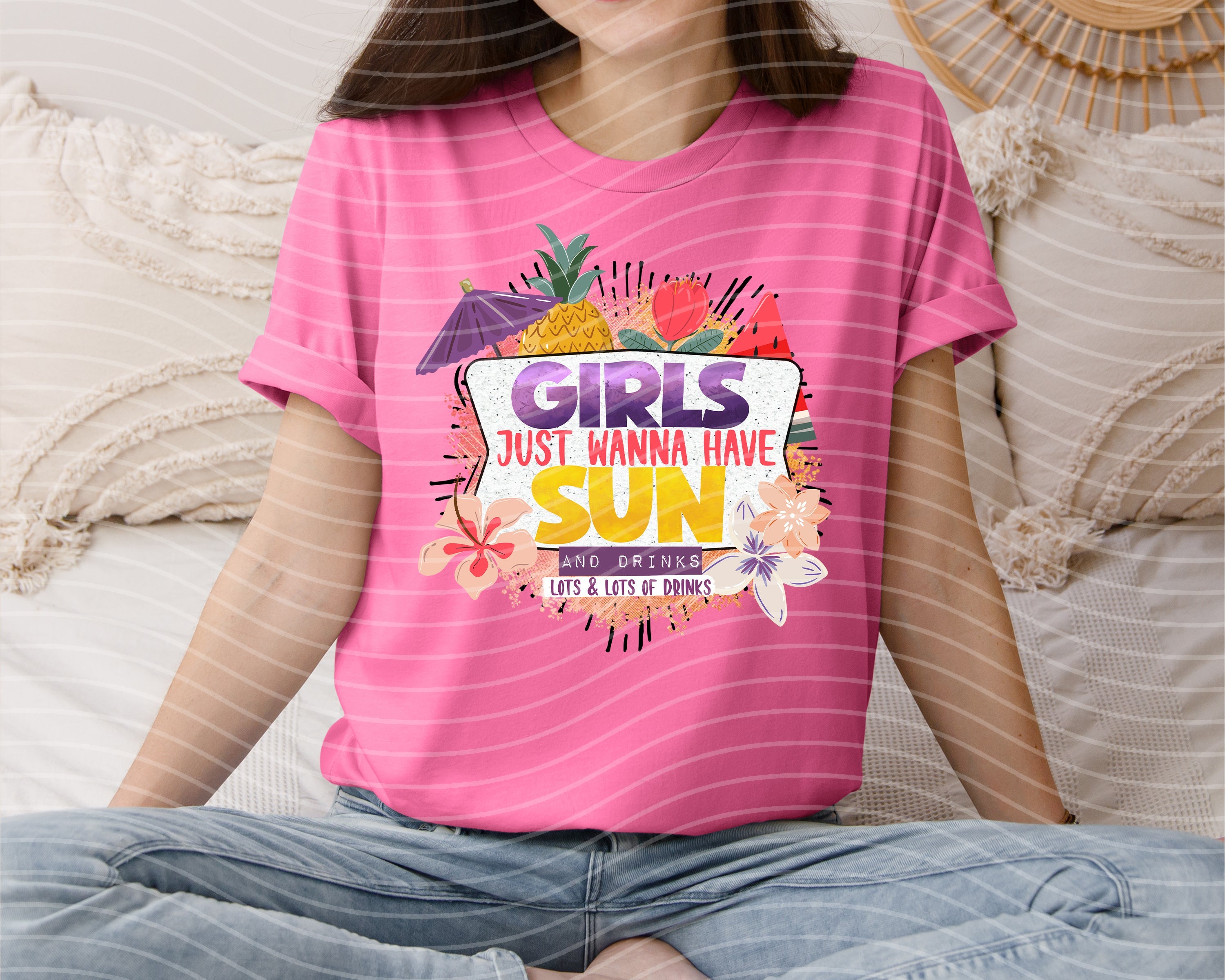 Girls Just Wanna Have Sun graphic tee by Anchored Grace Boutique, featuring bright sun and playful lettering on a casual t-shirt.
