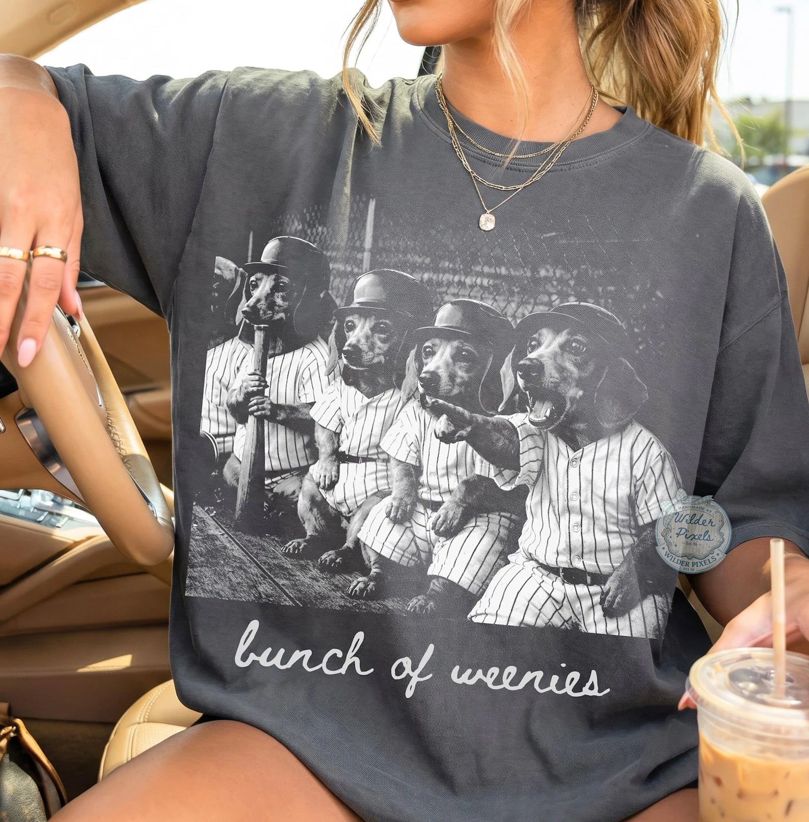 Bunch of Weenies graphic tee from Anchored Grace Boutique featuring playful cartoon weenies on a casual black t-shirt.