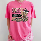 Gray graphic tee from Anchored Grace Boutique with "Coffee Isn't Enough Today" print, casual fit, and soft fabric.