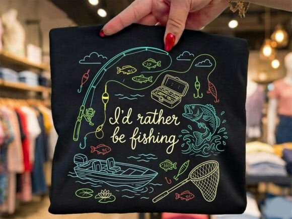 Anchored Grace Boutique graphic tee with "I'd Rather Be Fishing" print, casual short-sleeve design for fishing enthusiasts.