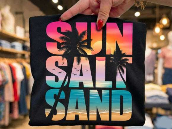 Sun Salt Sand graphic tee by Anchored Grace Boutique featuring a beach-themed print on a casual cotton t-shirt.