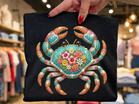 Rhinestone crab graphic tee by Anchored Grace Boutique featuring a sparkling crab design on a casual cotton shirt.
