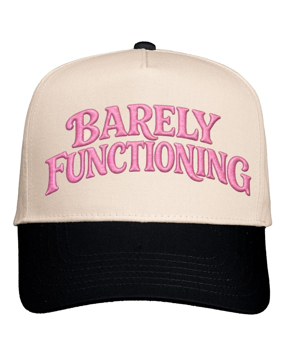 Embroidered cap with "Barely Functioning" text, beige fabric, adjustable strap, casual style from Anchored Grace Boutique.