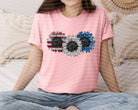 American flag sunflower graphic tee featuring vibrant sunflower and flag design, casual graphic tee by Anchored Grace Boutique.