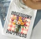 Homegrown Happiness graphic tee by Anchored Grace Boutique featuring a vibrant, stylish design on a comfortable casual t-shirt.