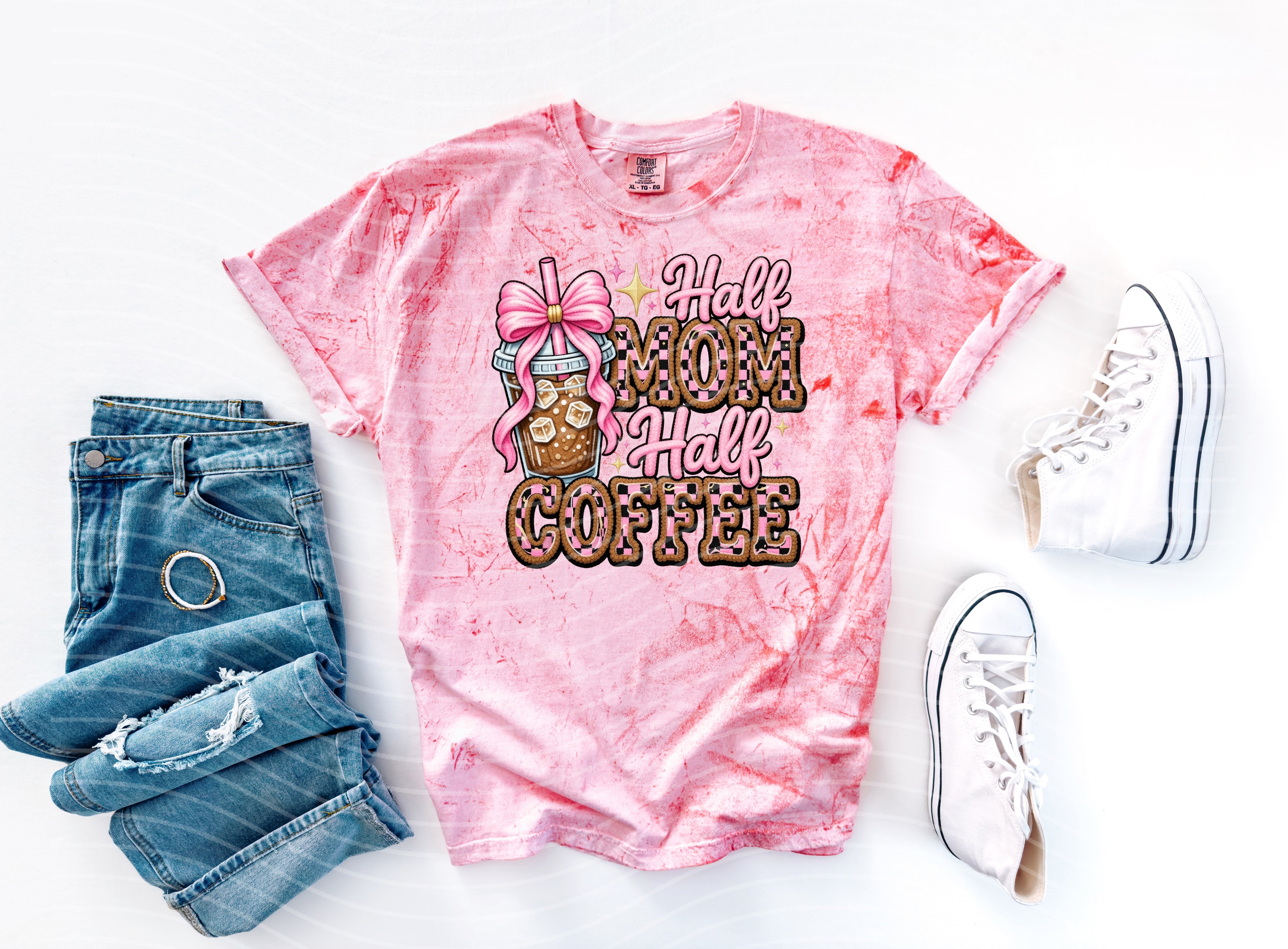 Half Mom Half Coffee graphic tee by Anchored Grace Boutique, showing a stylish casual T-shirt with coffee and mom-themed design.
