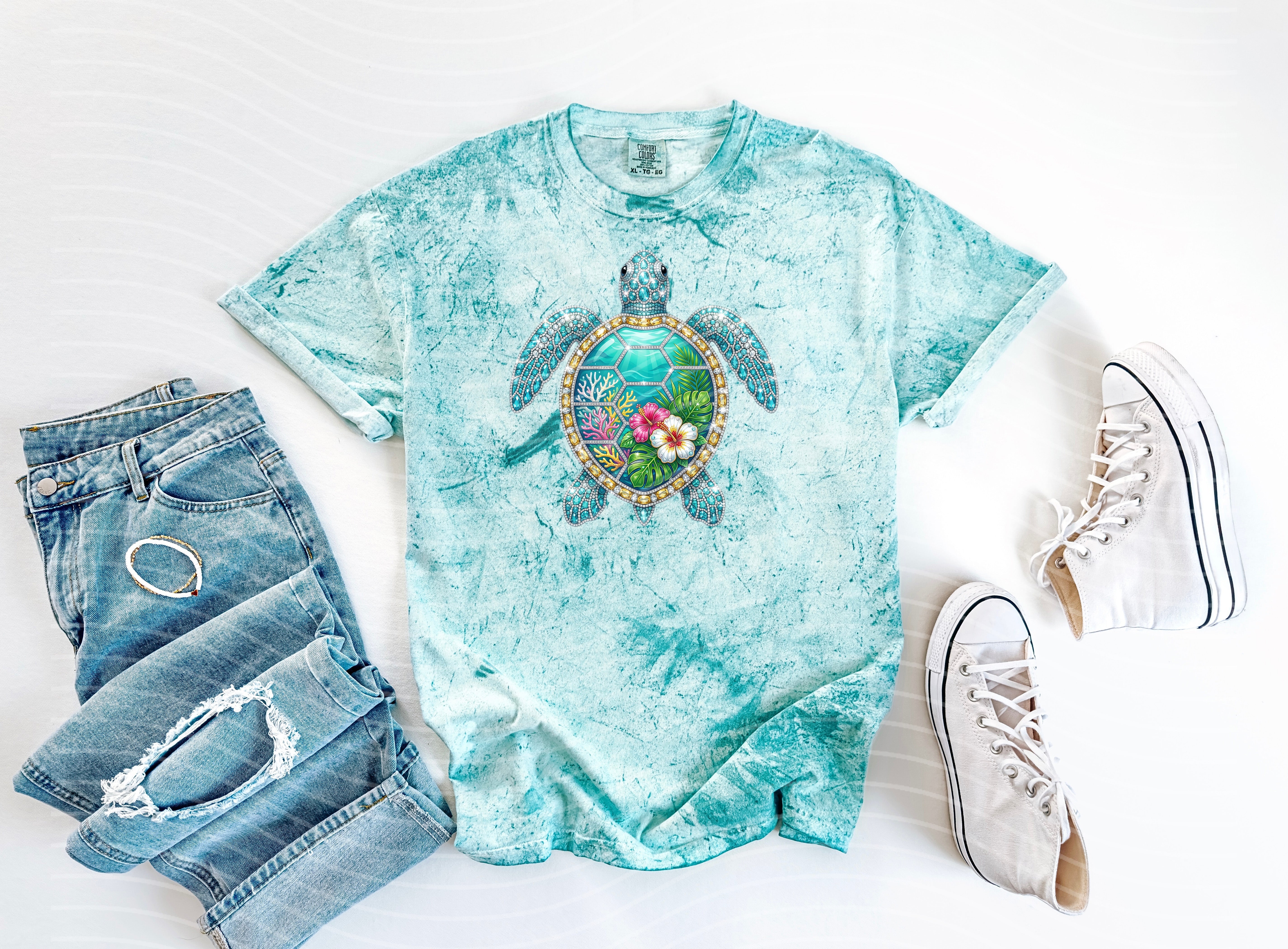 Rhinestone turtle graphic tee from Anchored Grace Boutique featuring a sparkly turtle design on a casual cotton t-shirt.