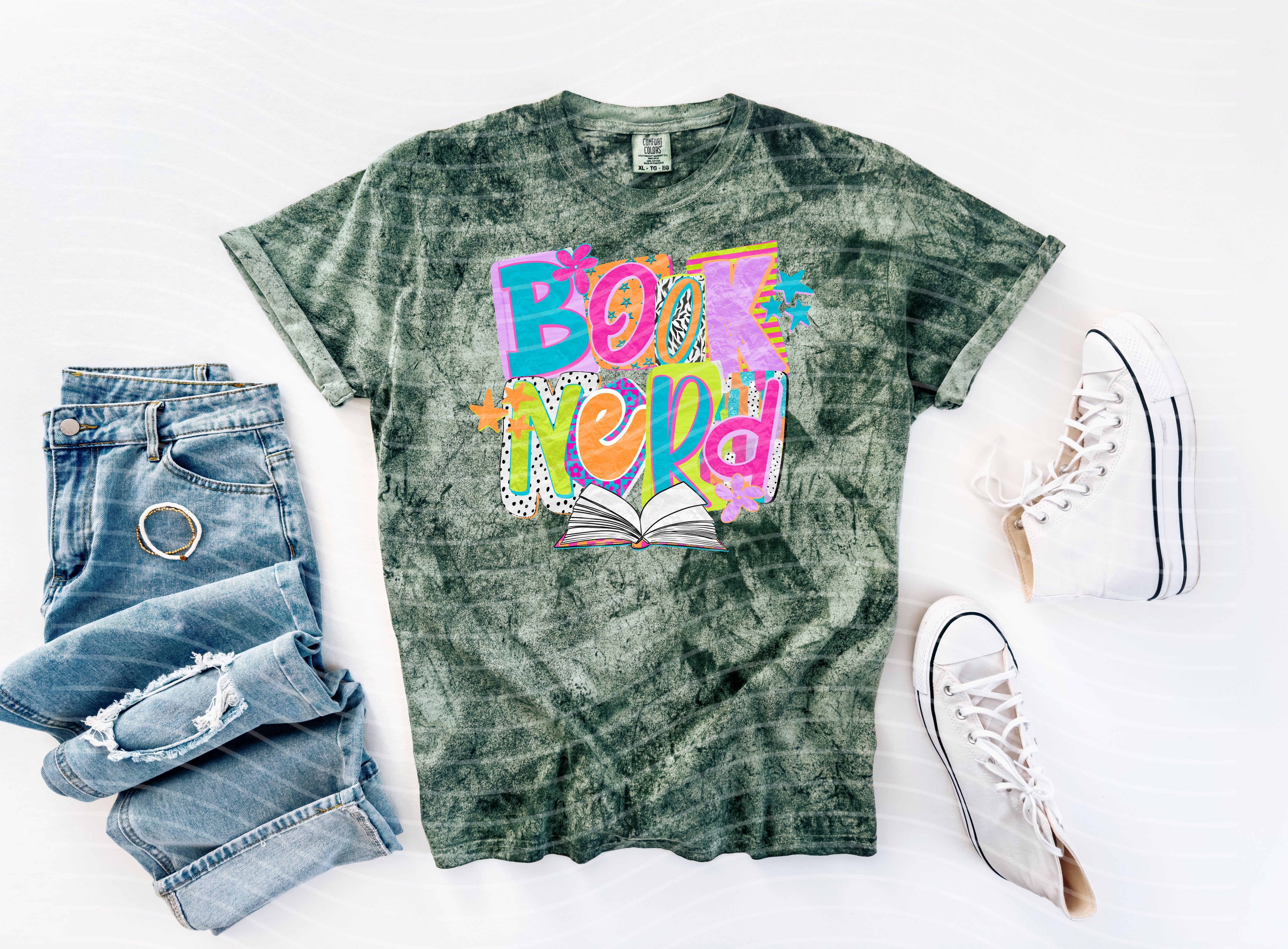 Black graphic tee featuring a book nerd design from Anchored Grace Boutique, casual clothing for book lovers.