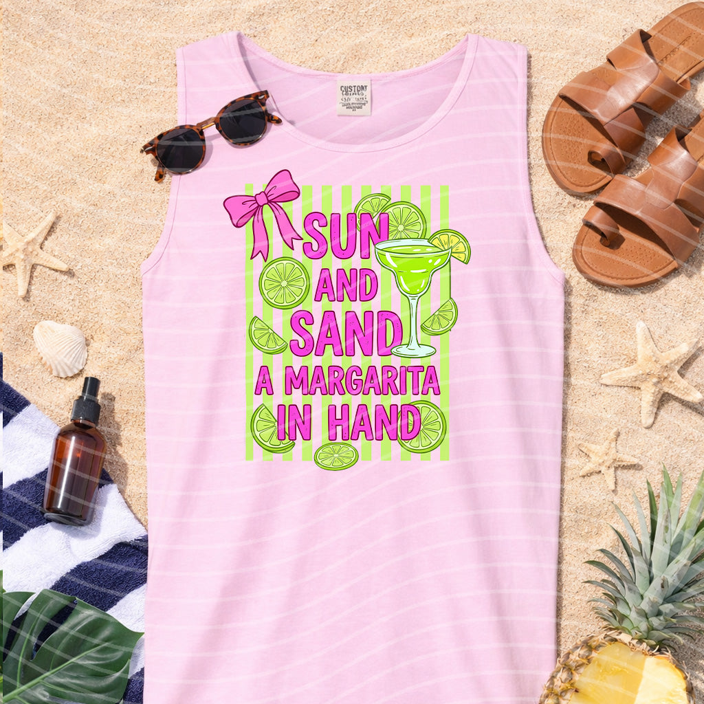 Sun and Sand Margarita in Hand graphic tee by Anchored Grace Boutique, featuring a tropical drink illustration on a casual t-shirt.