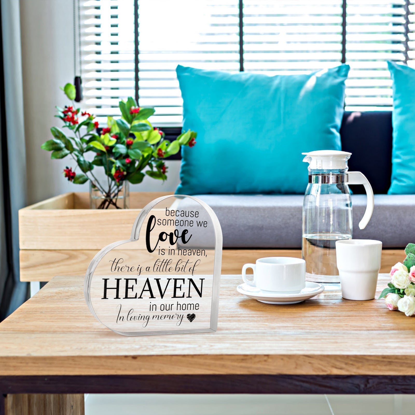 Acrylic memorial heart with gift box from The Wind Chime Co, engraved with "Heaven In Our Home," displayed in a gift box.