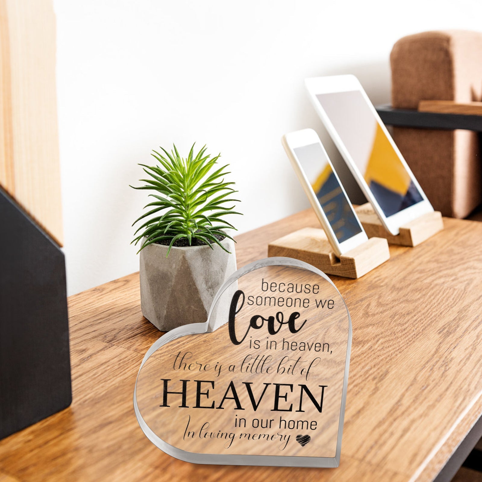 Acrylic memorial heart with engraved message, presented in a gift box, from The Wind Chime Co's Heaven In Our Home collection.