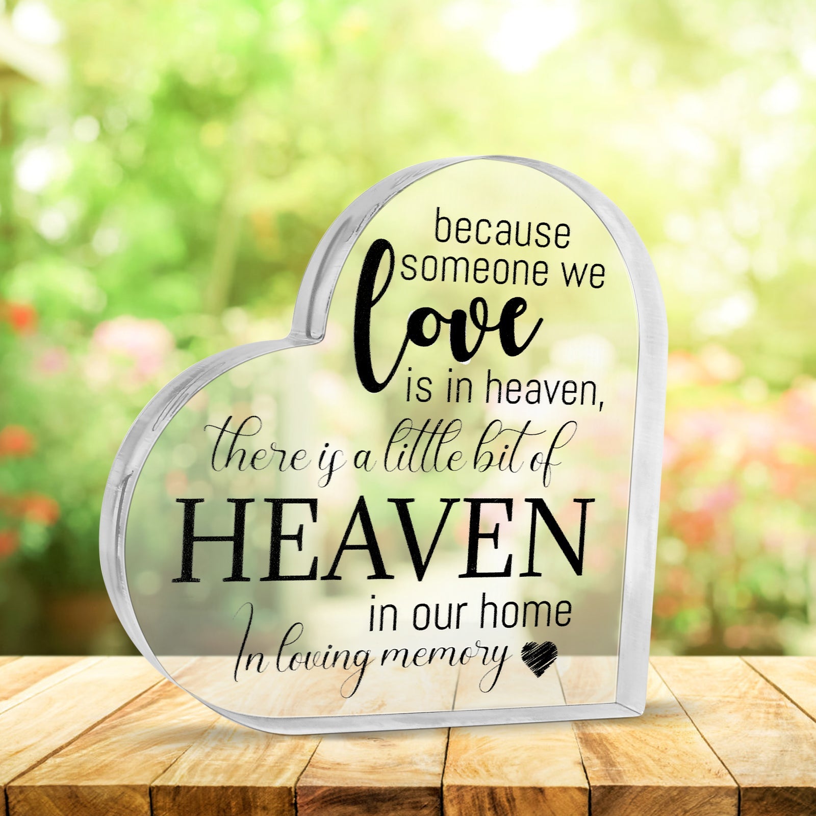 Acrylic memorial heart with "Heaven In Our Home" inscription in a gift box, from The Wind Chime Co, suitable for remembrance.