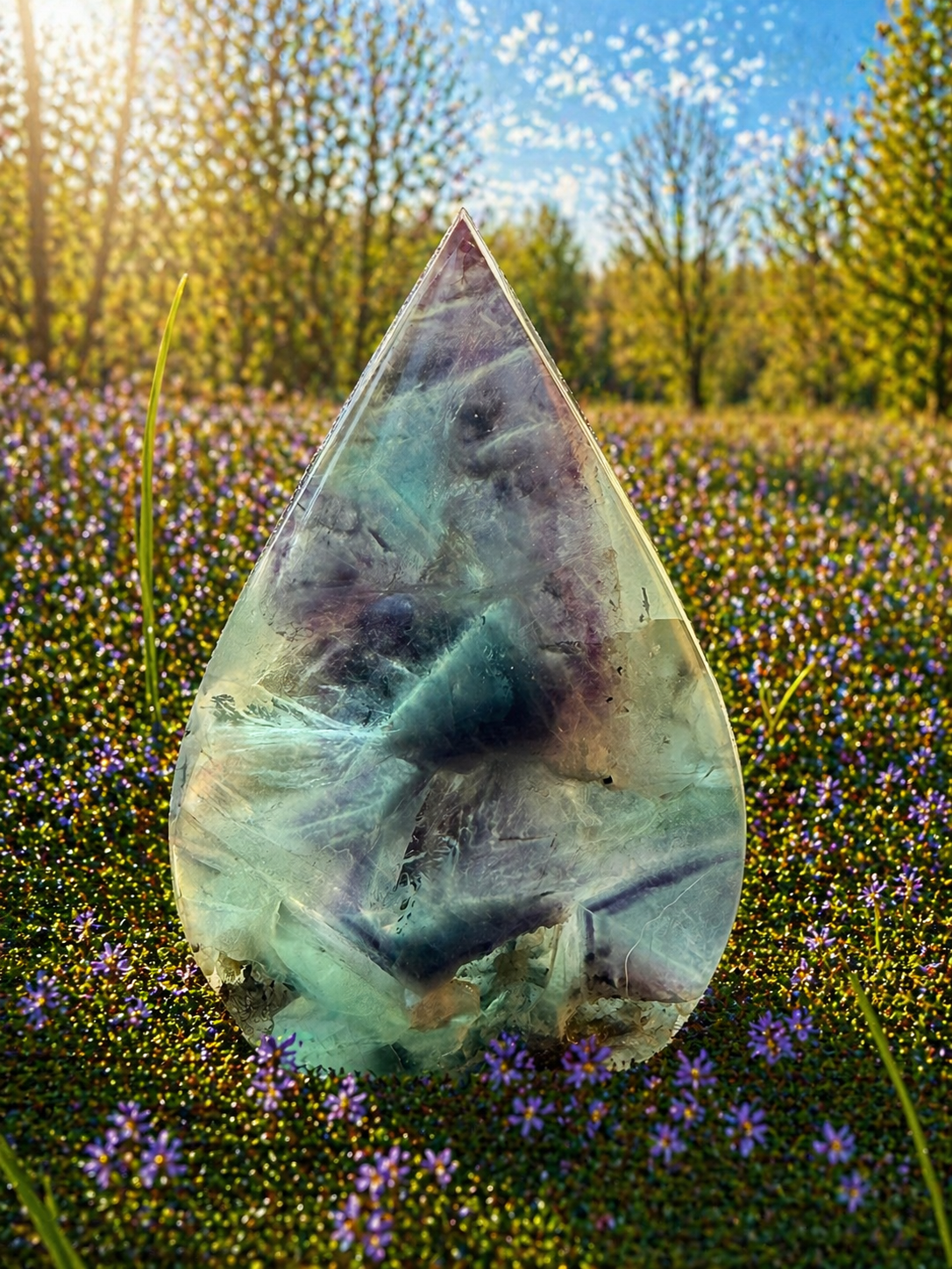 Natural rainbow fluorite flame sculpture showcasing vibrant colors and polished stone craftsmanship.