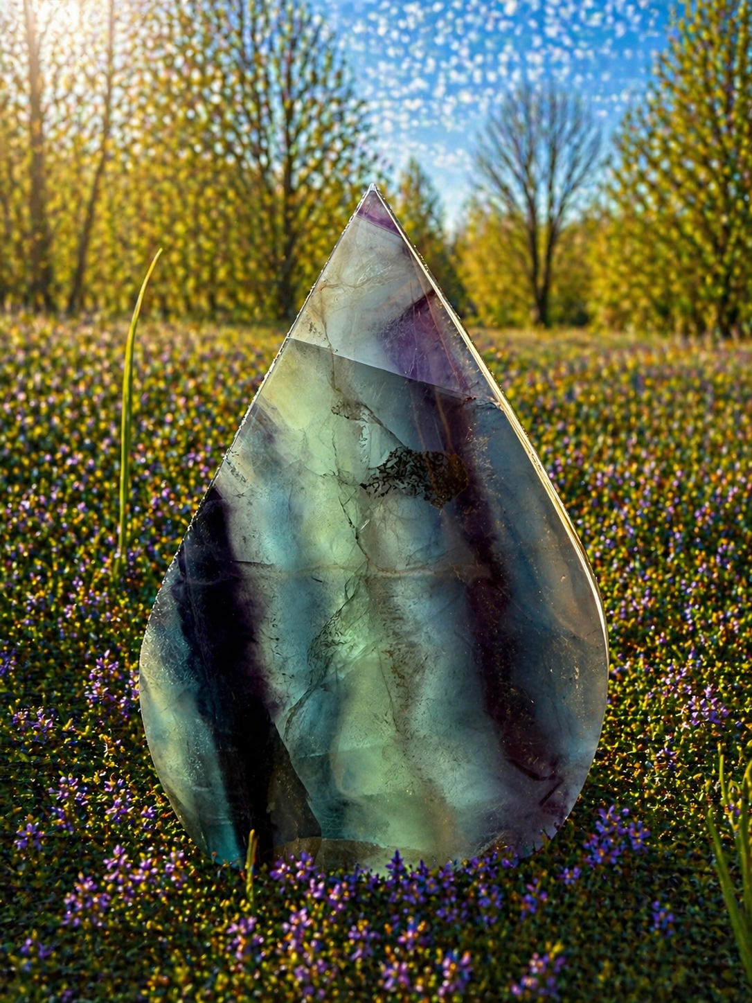 Natural rainbow fluorite flames sculpture showcasing vibrant, colorful stone with smooth, polished flame-shaped design.