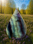 Natural rainbow fluorite flames sculpture showcasing vibrant, colorful stone with smooth, polished flame-shaped design.