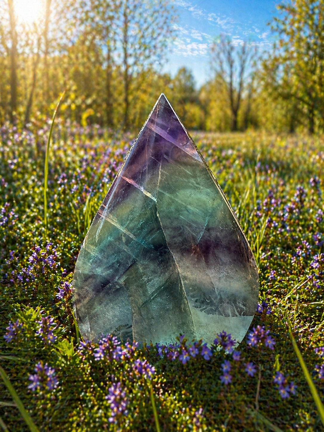 Natural rainbow fluorite flames sculpture featuring vibrant, colorful fluorite stones shaped into flame-like formations.