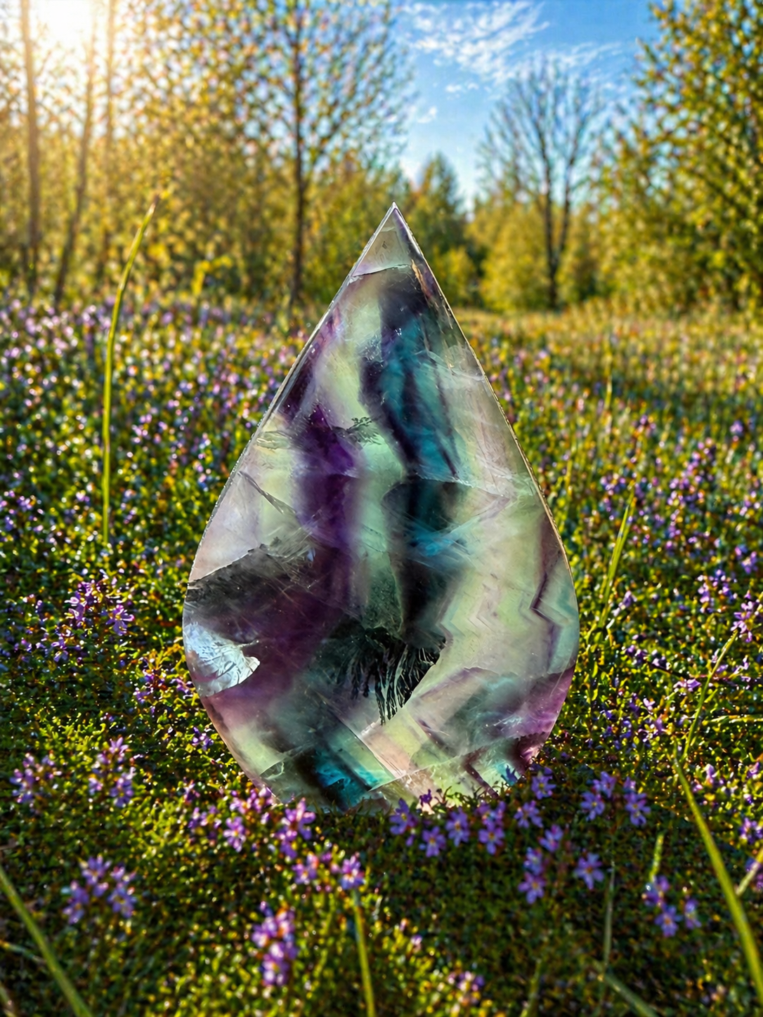 Natural rainbow fluorite flames sculpture showing vibrant multicolored stone with polished flame-shaped design.