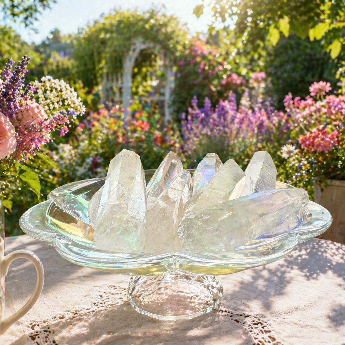 Lemurian Quartz Point crystals in a bowl, showcasing their natural clear quartz with ladder-like striations and unique formations.