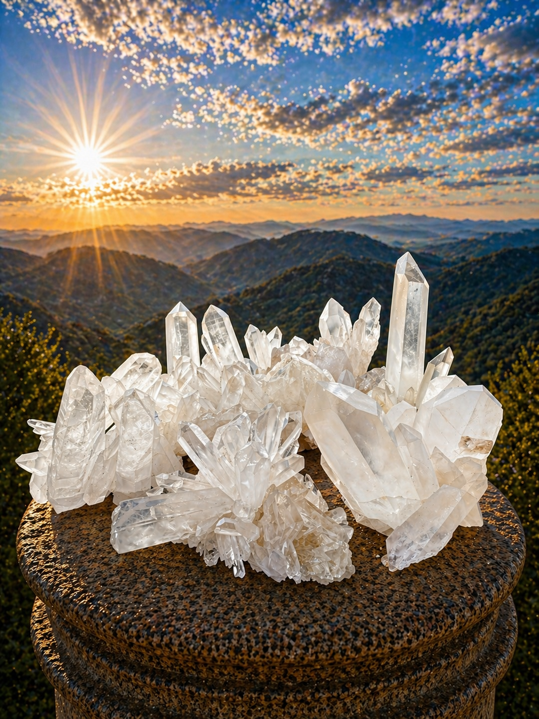 Clear quartz point clusters featuring multiple transparent crystal points arranged together, showcasing natural mineral formations.