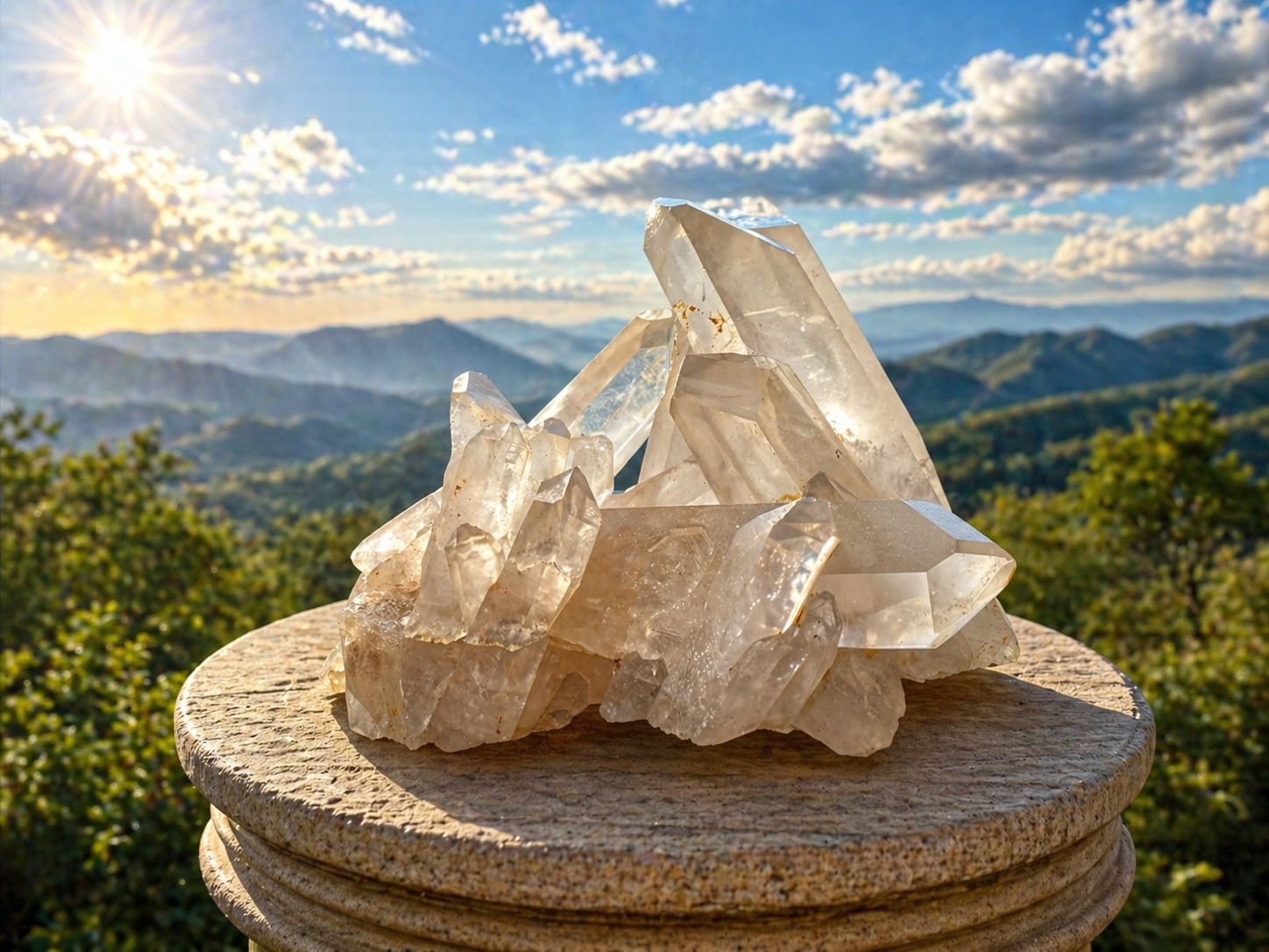 Clear quartz point cluster gemstone with multiple pointed crystals and natural clarity, ideal for meditation and spiritual healing.