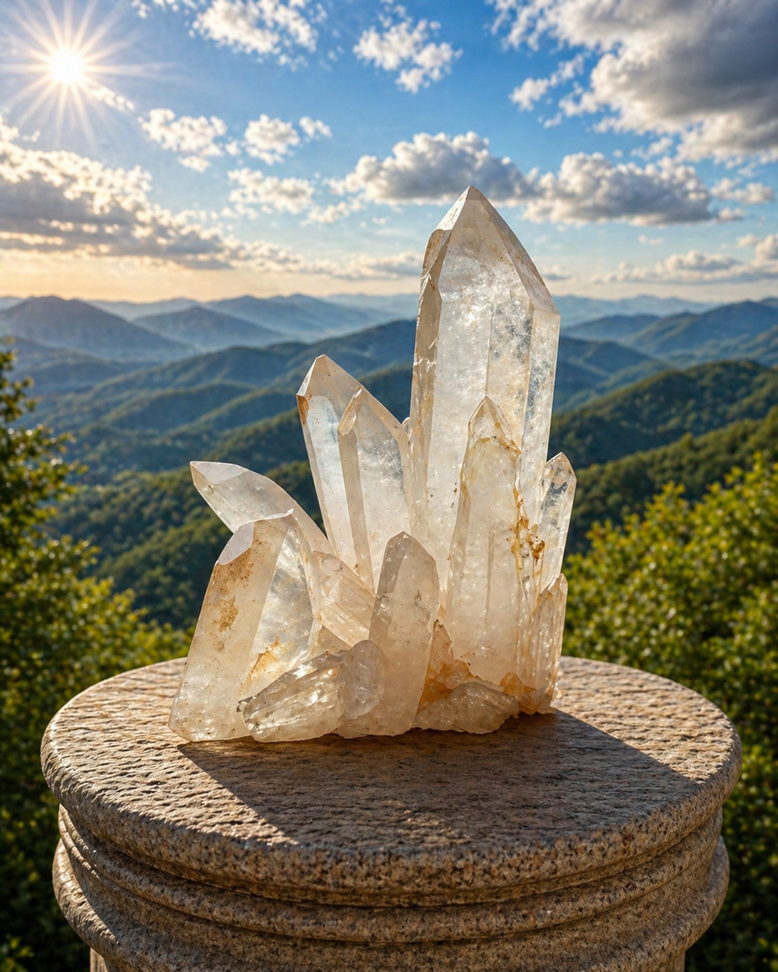 Clear quartz point cluster from Practical Magic Store featuring multiple transparent, pointed quartz crystals arranged together.