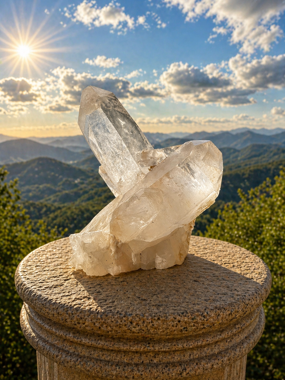 Clear quartz point cluster from Practical Magic Store, featuring multiple transparent crystal points with natural facets and a rough base.