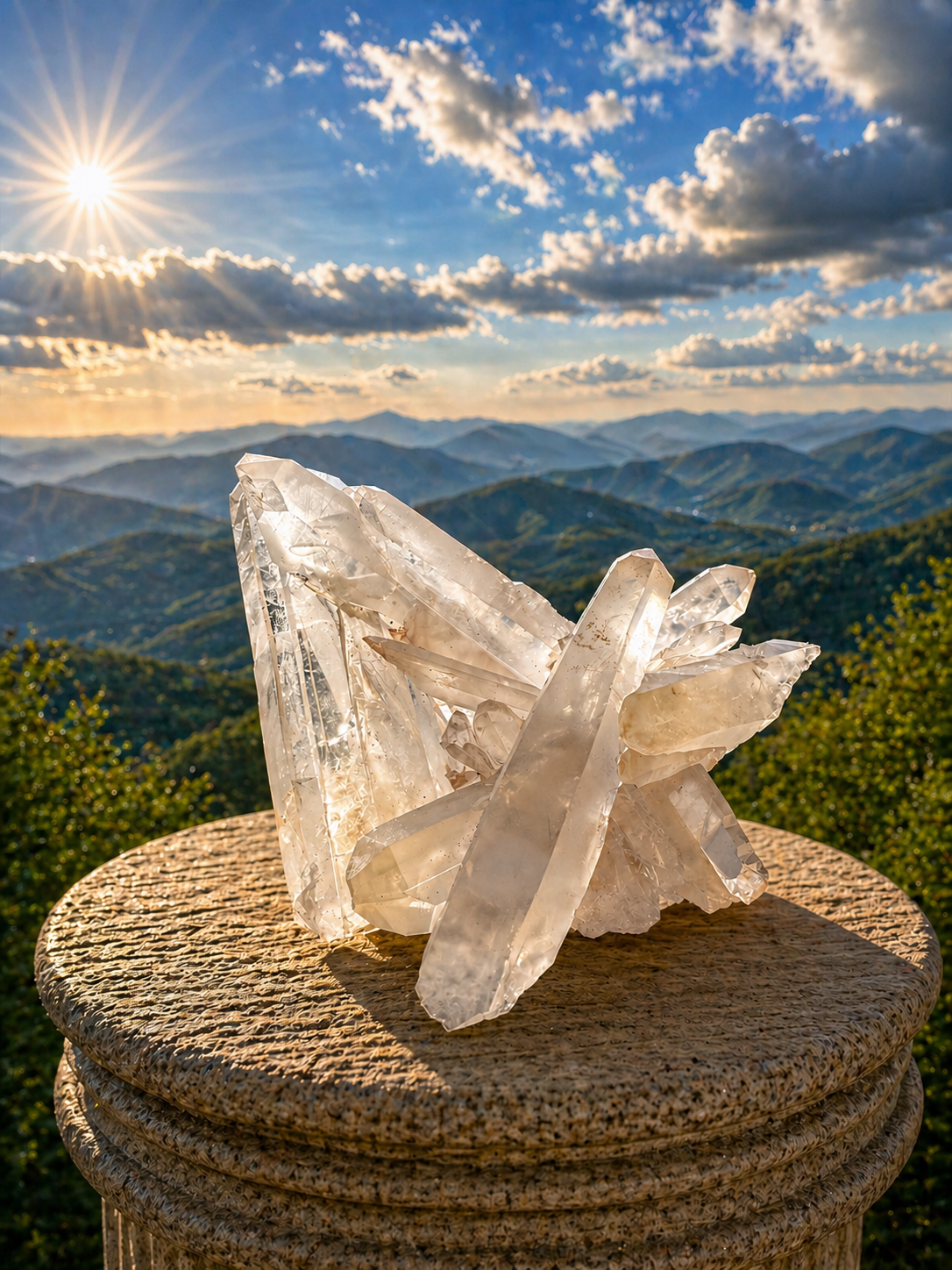 Clear quartz point cluster with multiple transparent crystal points and natural mineral formations, ideal for spiritual or decorative use.