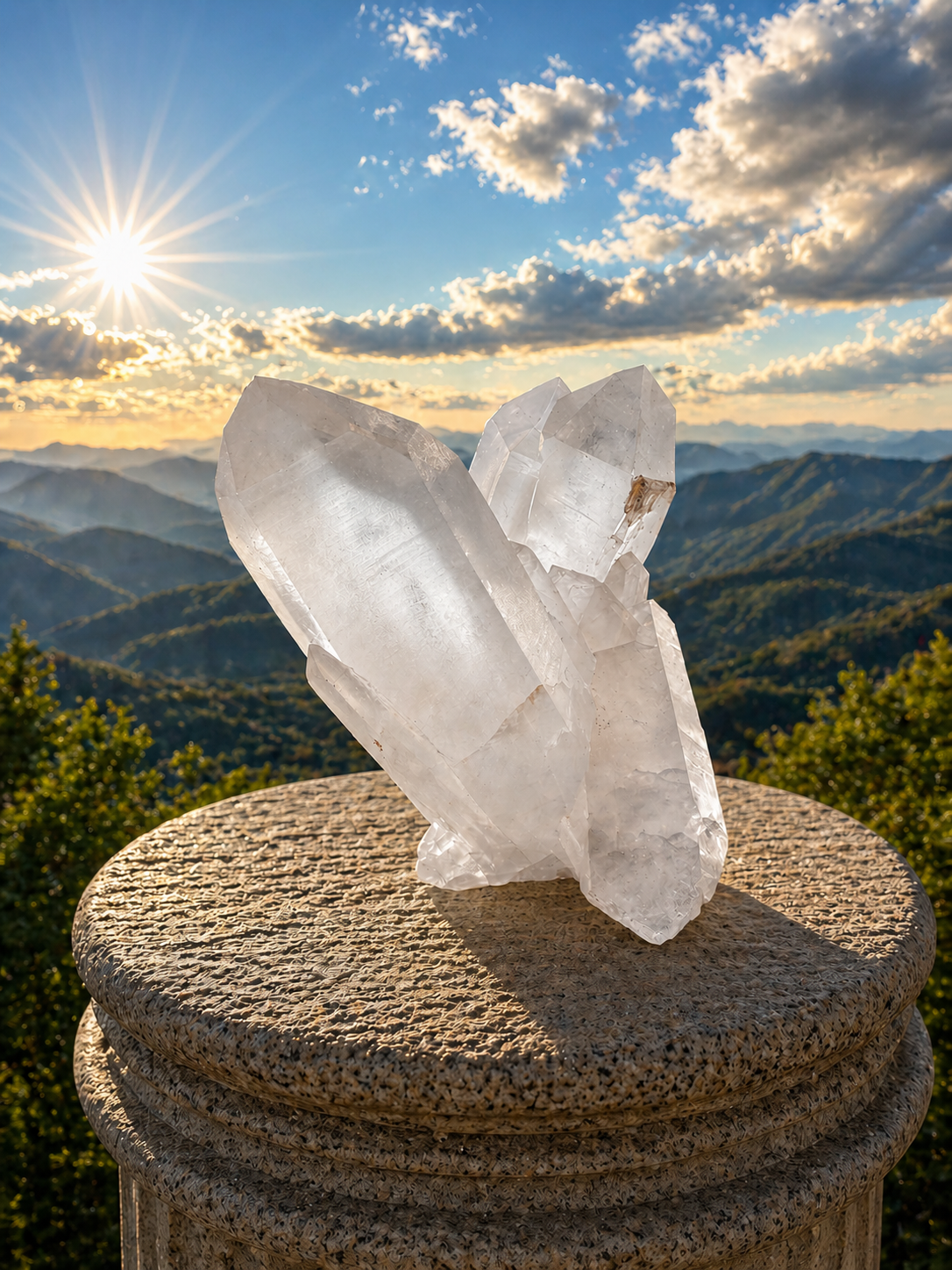 Clear quartz point cluster with multiple transparent crystals, natural mineral formations, and pointed terminations on a neutral background.