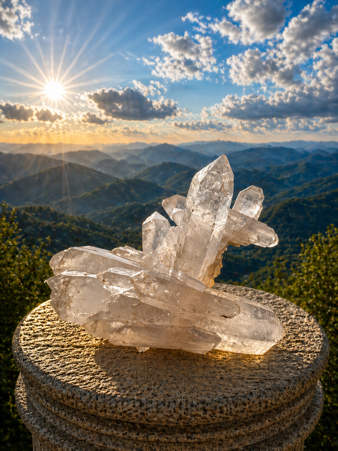 Clear Quartz Point Cluster with multiple pointed crystals arranged naturally, showcasing clarity and mineral formation.
