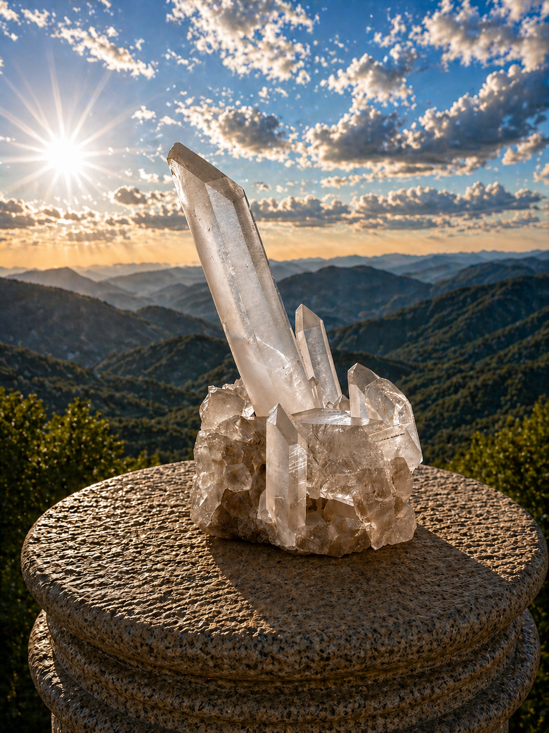 Clear quartz point cluster with multiple crystal points, showcasing natural transparency and mineral formations.