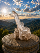 Clear quartz point cluster with multiple crystal points, showcasing natural transparency and mineral formations.