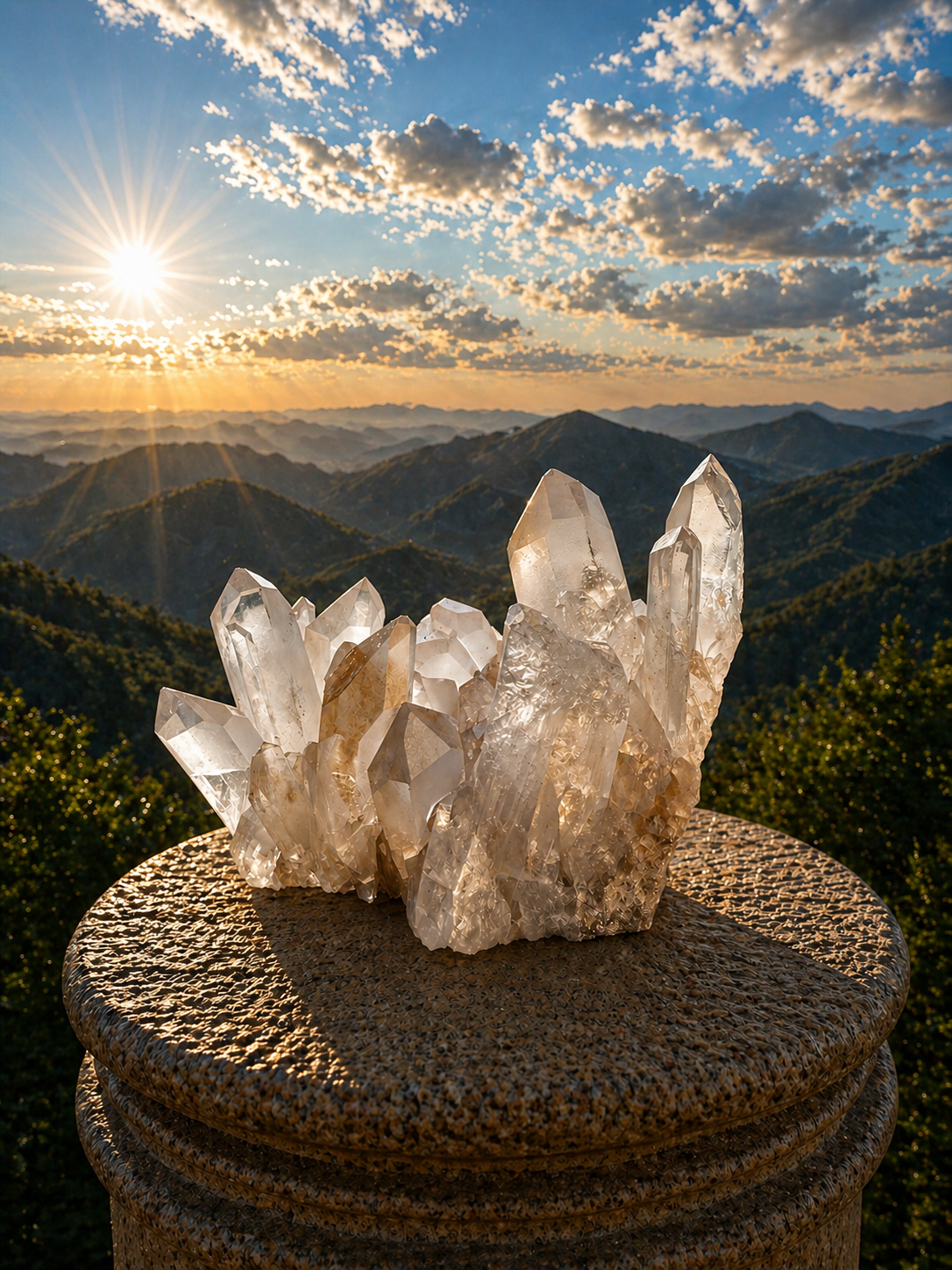 Clear quartz point cluster featuring multiple transparent quartz points with natural crystal formations and a polished base.