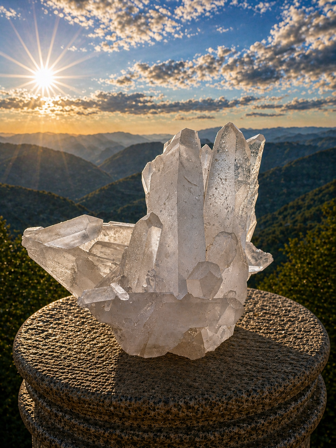 Clear quartz point cluster with multiple natural quartz points arranged together, showcasing clarity and crystalline structure.